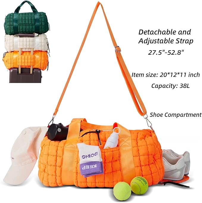 Quilted Duffel Gym Bag for Men and Women Carry On Travel Sport Weekender Bag, Dark Green
