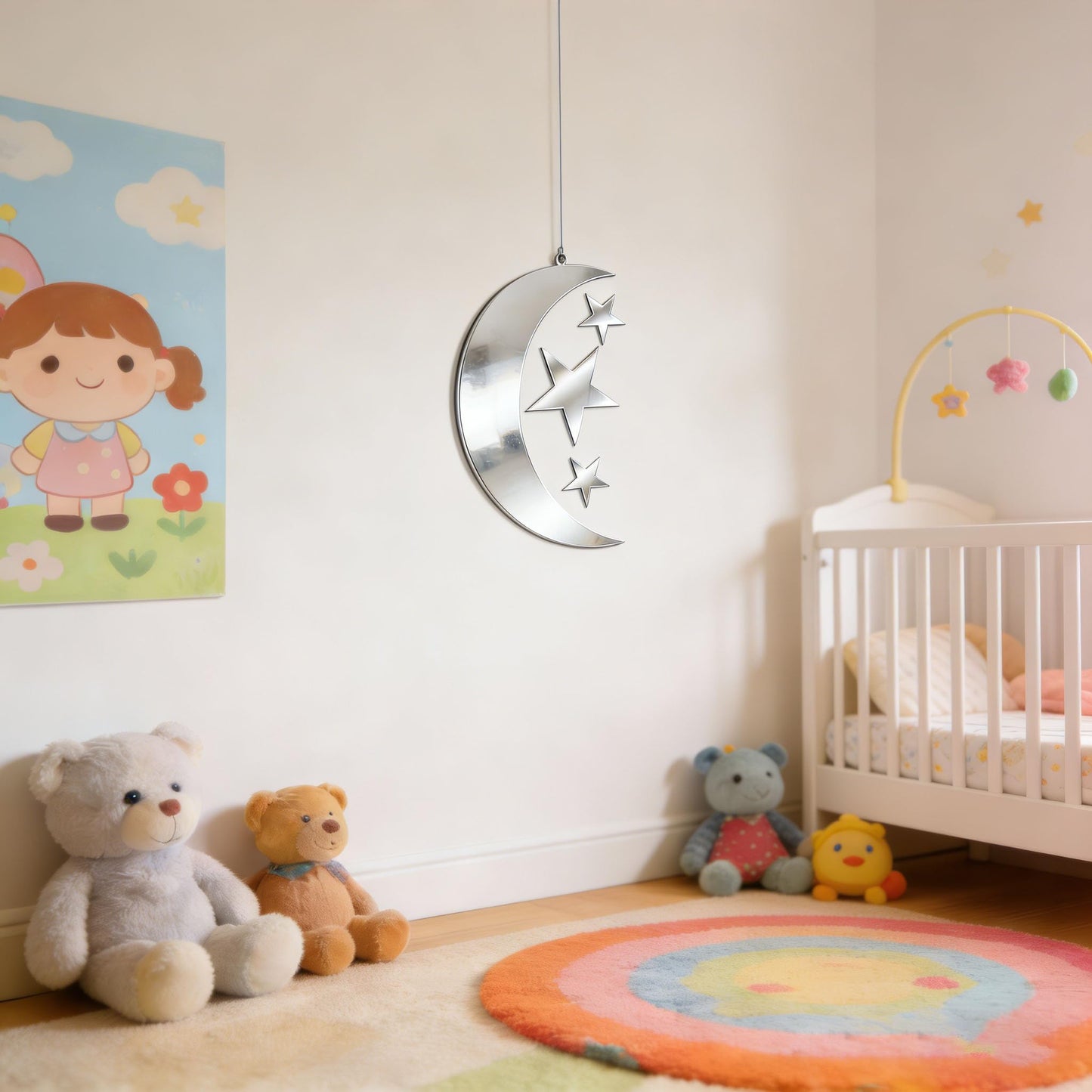 4PCS 3D Moon Moon Star Mirror Wall Decor,Star DIY Art Wall Decals Self Adhesive Decorative Stickers Decals for Kids Baby Nursery Living Room Bedroom Children's Room Playroom Decorations