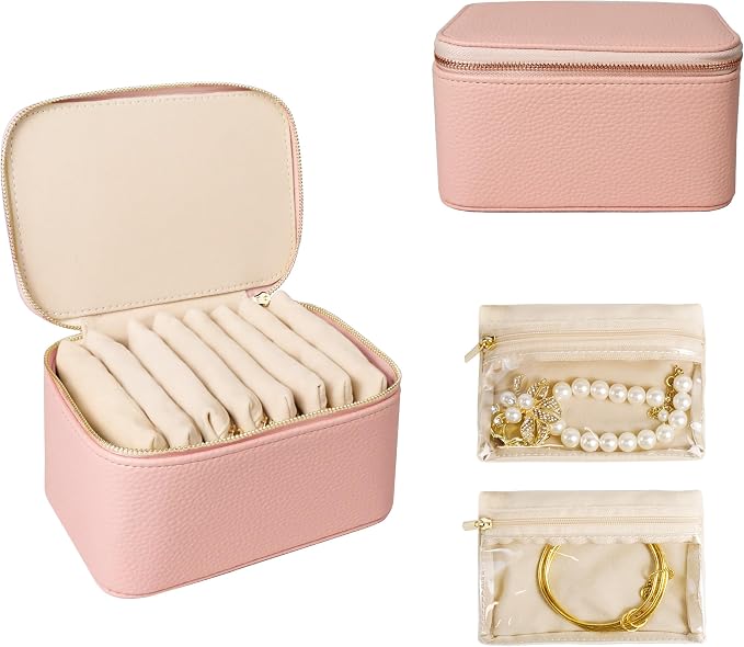 Travel Jewelry Case, Portable Jewelry Box with 6 Jewelry Bags,Travel Gift for Women Teen Girls (Pink 8 Pcs)