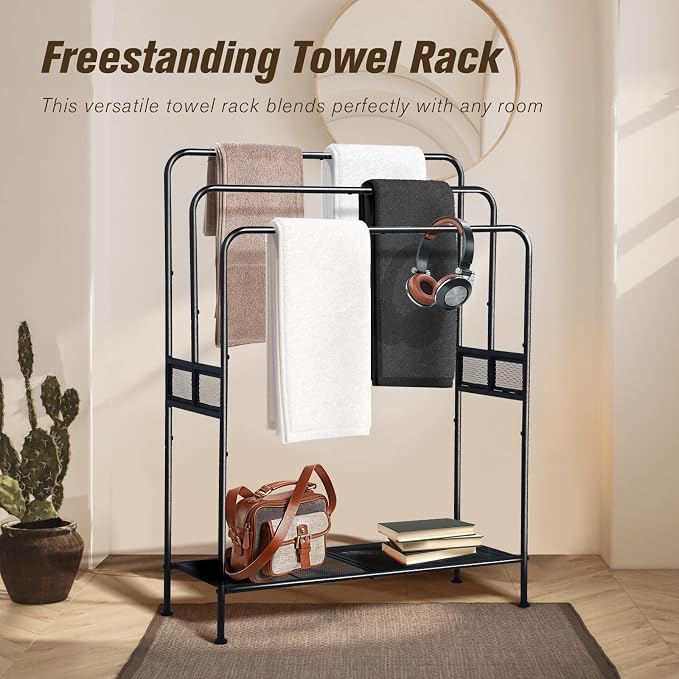 44" Extra Large Free Standing Towel Rack - 3 Tier Outdoor Pool Towel Holder, Versatile Blanket and Quilt Rack Stand for Living Room, Bathroom, Bedroom, Beach, Hot Tub, Gym and Pool Area Outside
