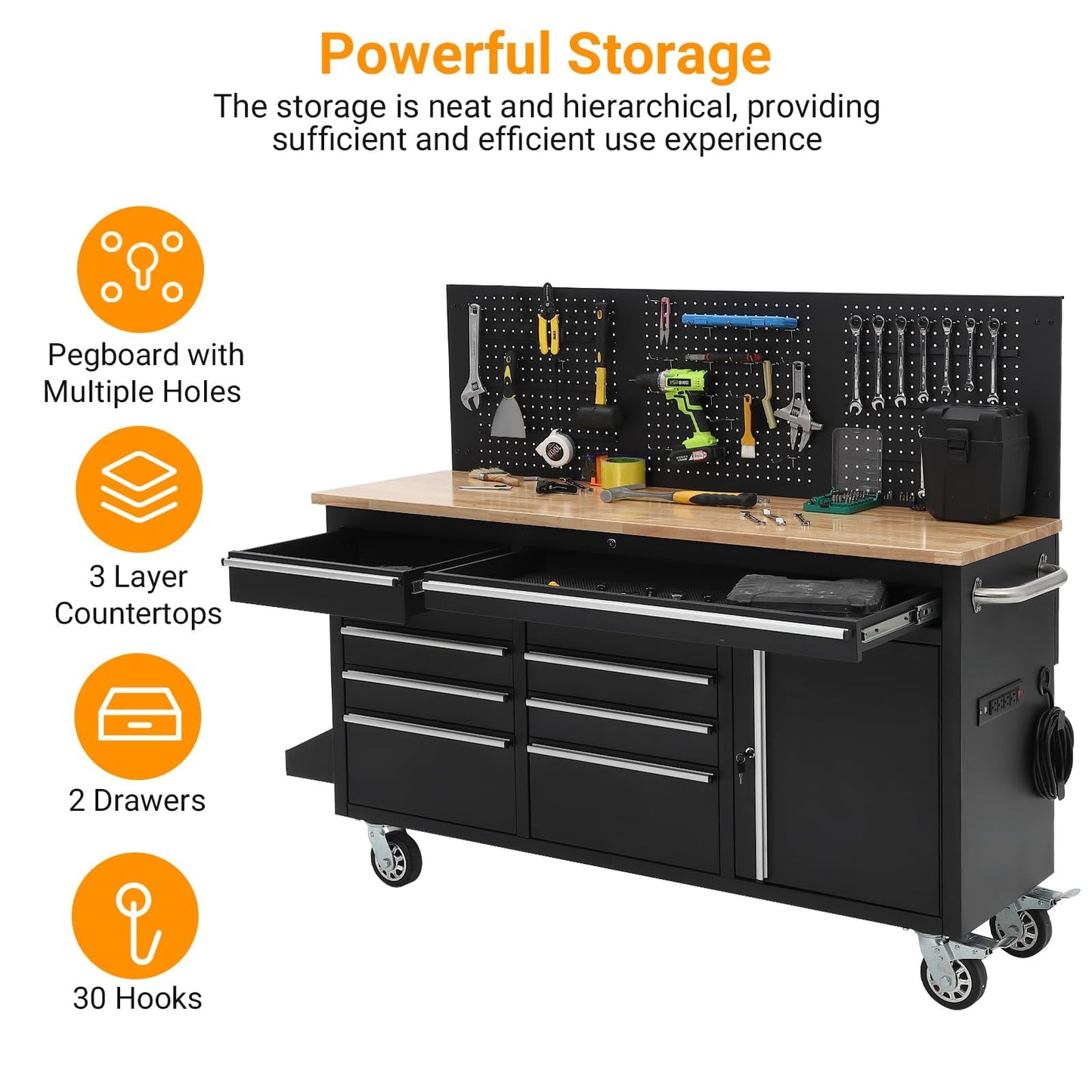 61 Inch Rolling Tool Chest with 10 Drawers, Rubber Wood Workbench Top, Anti-Fingerprint Steel, Lockable Wheels & Key Lock, Mobile Storage Cabinet Organizer for Garage & Workshop
