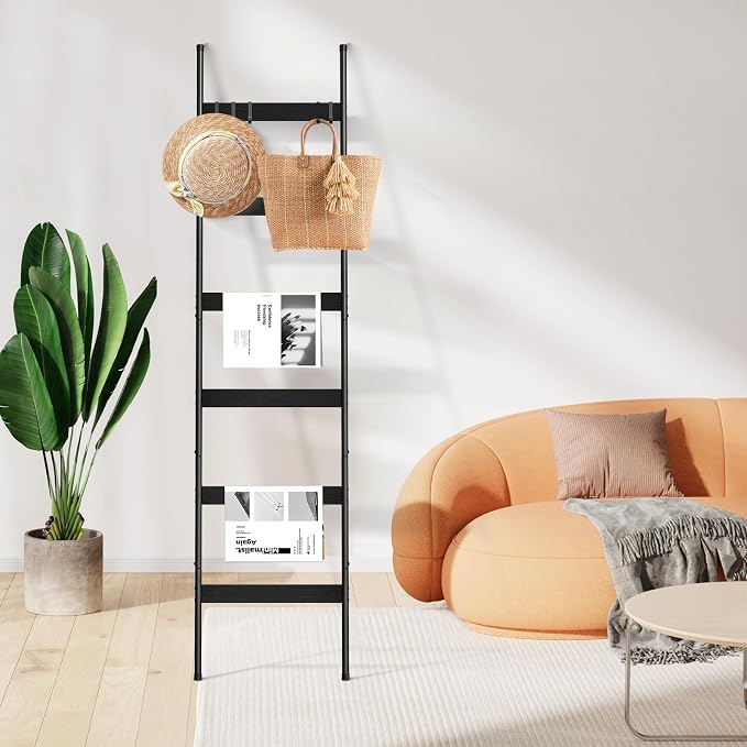 ELYKEN Blanket Ladder for Living Room, Farmhouse 6-Tier Quilt Holder with 4 Removable Hooks for Bathroom, Wood Towel Rack Display, Wall Anchor Leaning Decorative Stand for Home, Black
