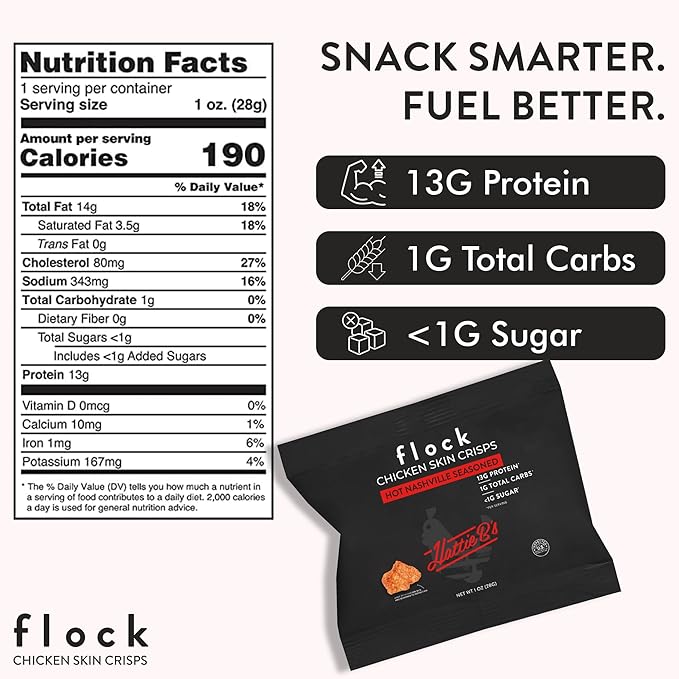 Flock Keto Chicken Skin Chips | Hattie B's Nashville Hot Flavor | Low Carb, High Protein, Sugar Free, Gluten Free Fried Chicken Skins for People | (1oz) 8-Pack Crispy Flock Chips