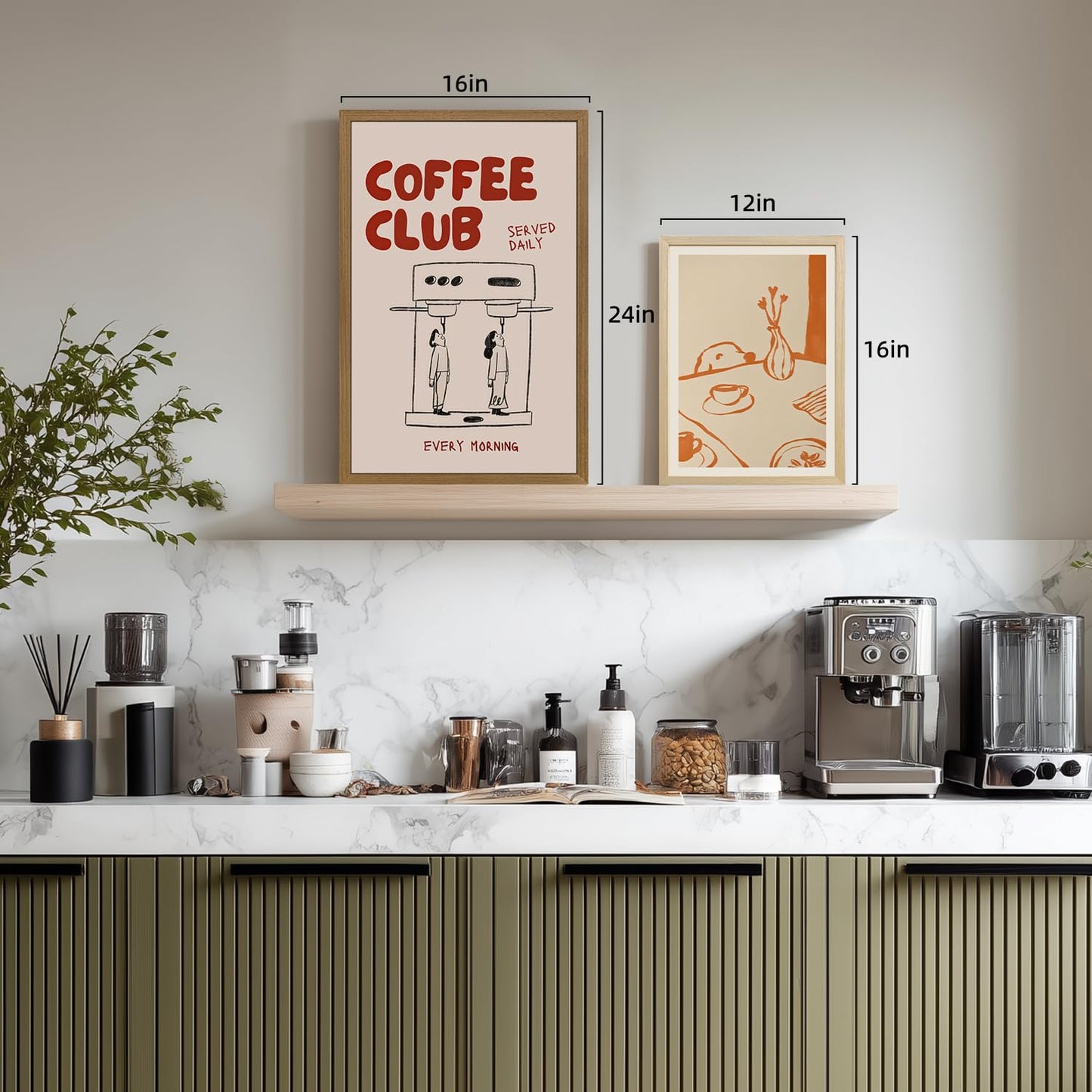 Msziryn Wood Framed Minimalist Coffee Wall Art, Brown Line Drawing Kitchen Wall Decor, Scandinavian Still Life Poster Print, Modern Coffee Dog Artwork for Dining Room Office Wood Framed 12x16 Inch