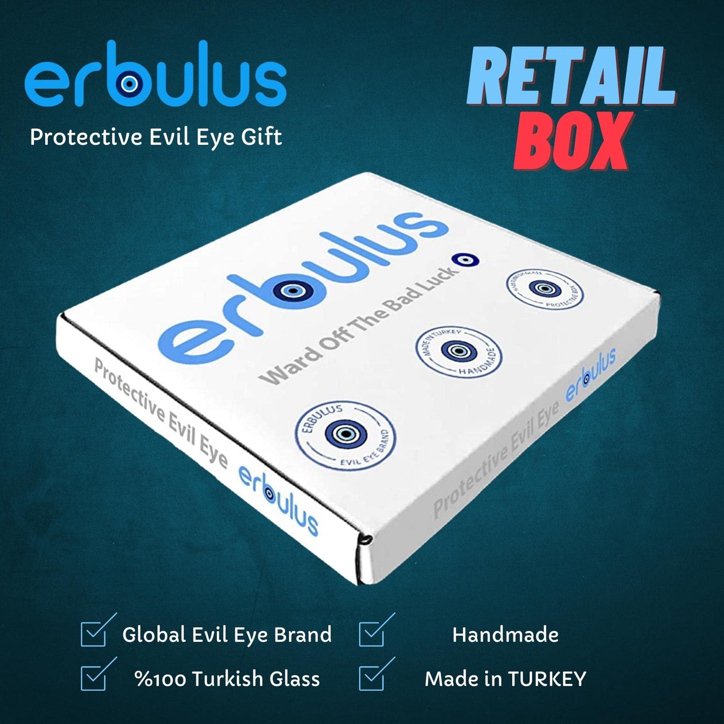 Erbulus 3.5" Glass Blue Evil Eye Wall Hanging Gold Ornament - Turkish Nazar Bead - Home Protection Charm - Gold Wall Decor Amulet in a Box (Medium)