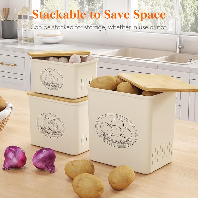 Lifewit Onion and Potato Storage Bin with Aerating Holes and Lid, Stackable Garlic Keeper, Plastic Vegetable Container Box for Kitchen, Beige, Set of 3