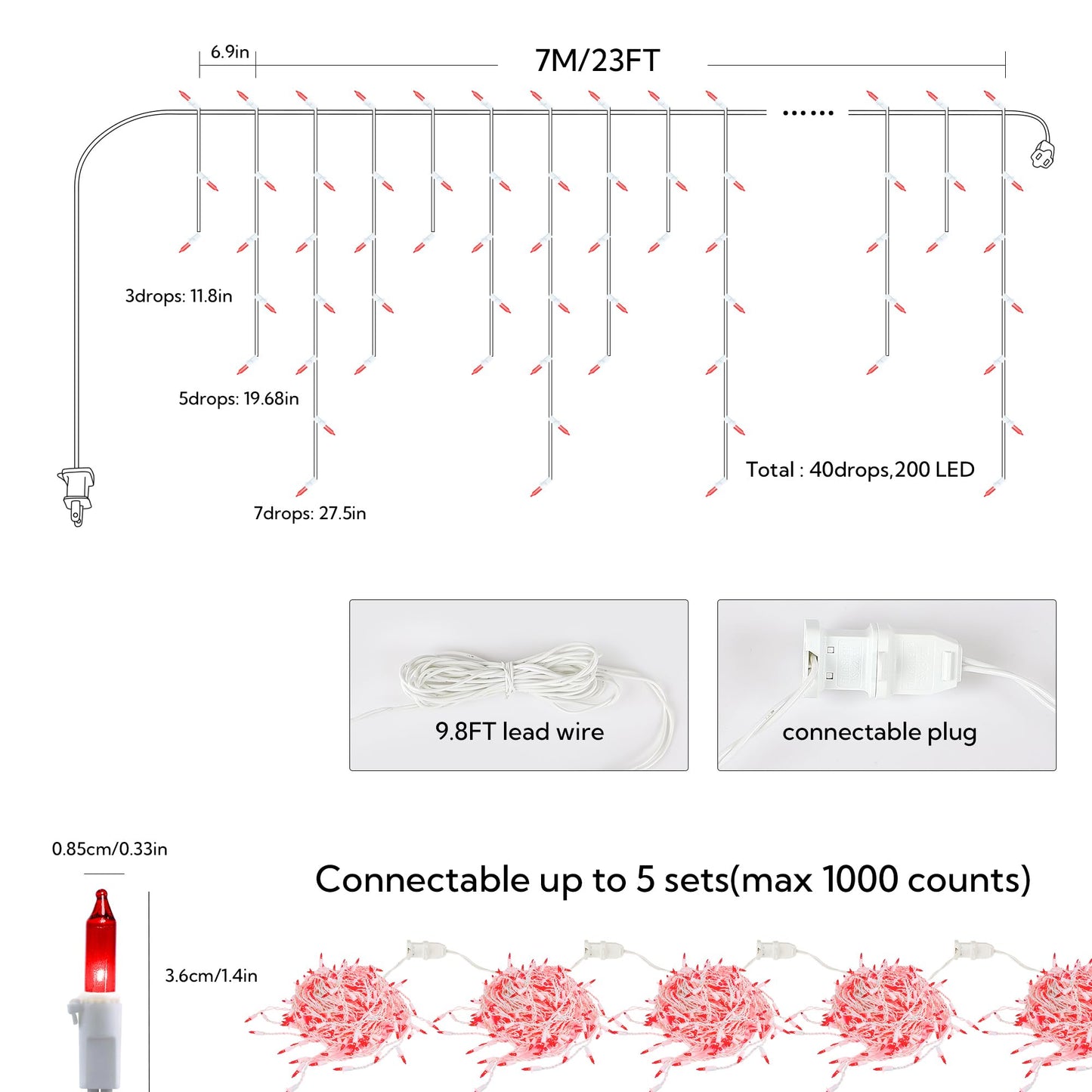 BEEWIN 23FT 200Count Red Icicle Lights,White Wire Icicle Mini Lights Plug in with 40 Drops,Hanging Curtain Fairy String Light Connectable for Christmas Valentine's Day Halloween Party Decorations