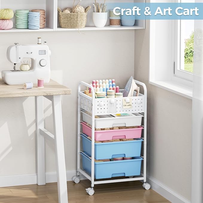 4 Drawer Rolling Storage Cart with Pegboard Top and Hooks, Mobile Organizer Cart with Wheels for Office Supplies, Craft Storage, Classroom Organization, Home Utility Cart, Pink&Blue