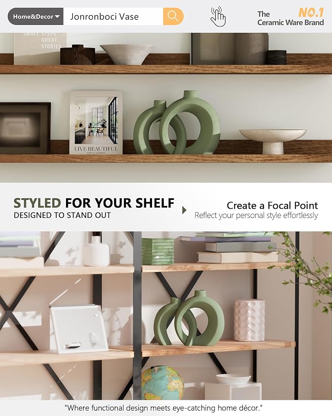 Set of 2 Sage Green Ceramic Vases for Home Decor Accents - Unique Hollow Donut Artistic Design Modern Boho Farmhouse Style Decorative Vases for Shelf, Mantel, Entryway Table Decor (Matte Green)