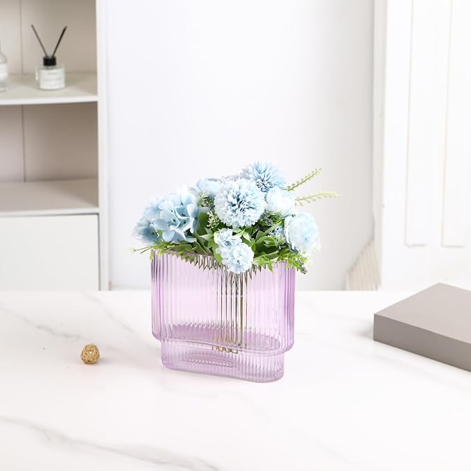 Ribbed Vase, Purple Glass Vase for Flowers, Purple Flower Vases for Tulips, Modern Vases for Living Room, Dining Table, Office, Bedroom, Mantle, Shelf, Wedding, 7 Inch