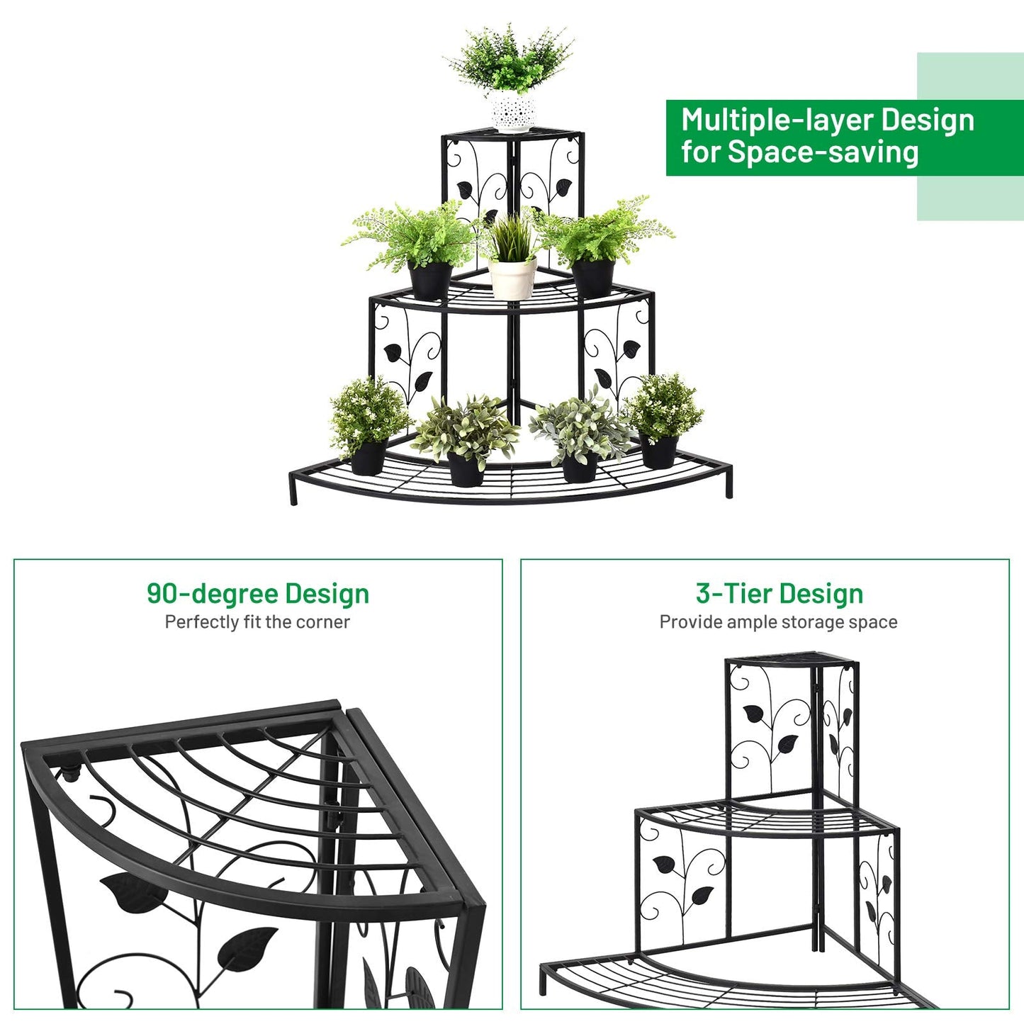 Giantex 3 Tiers Corner Shelf Metal Plant Stand, Stair-Step Style Flower Pot Display, Ladder Plant Display Rack, Quarter Round Plant Shelf for Indoor Outdoor Use