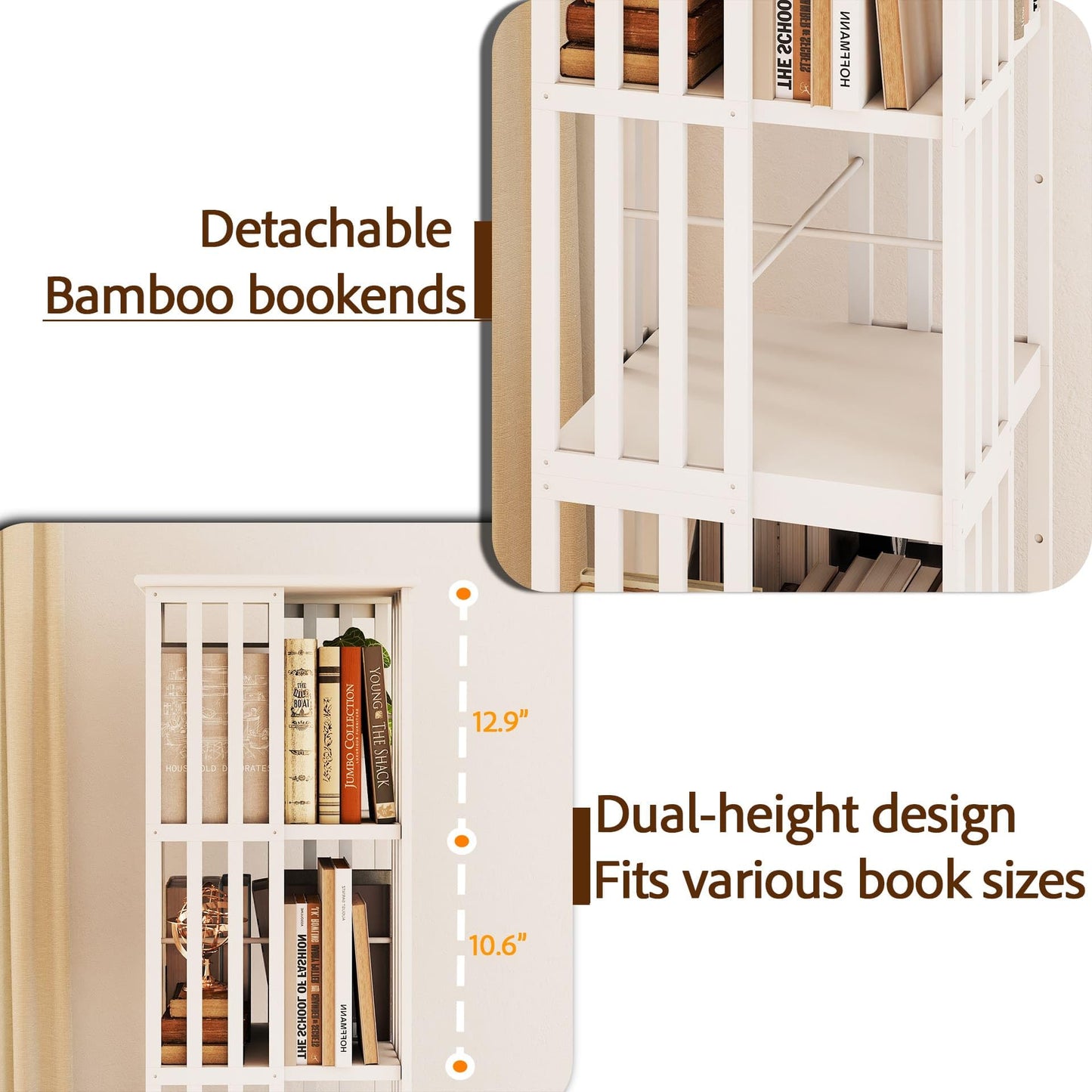 Raykion Rotating Bookshelf Tower, 6 Tier Bamboo Spinning Book Shelf, 360 Revolving Bookcase for Small Space Corner, Large Capacity Swivil Bookshelf for Living Room Bedroom Home Office, White