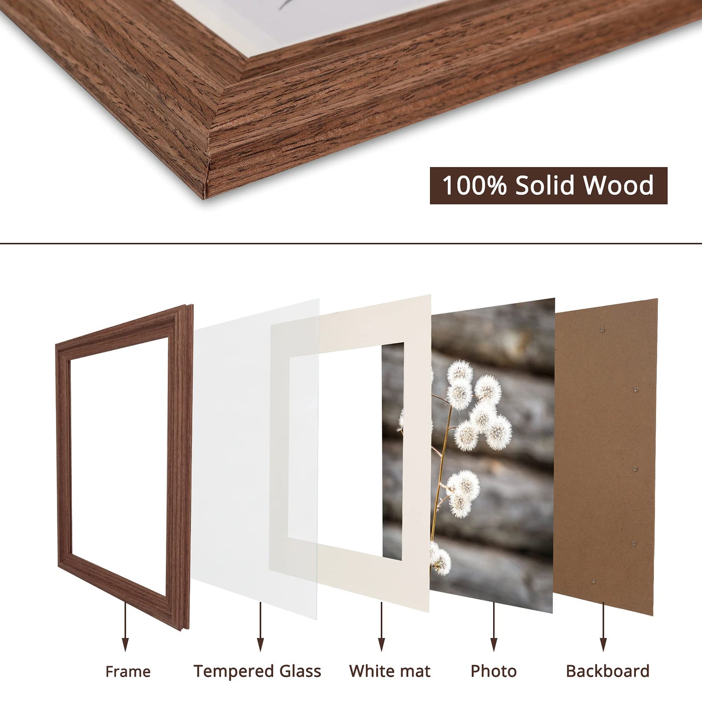 GraduationMall 11x14 Wooden Picture Frames,Display Photos 8x10 with Mat or 11x14 Without Mat,UV Protection Acrylic,Wall or Tabletop Display,Rustic Brown Set of 2