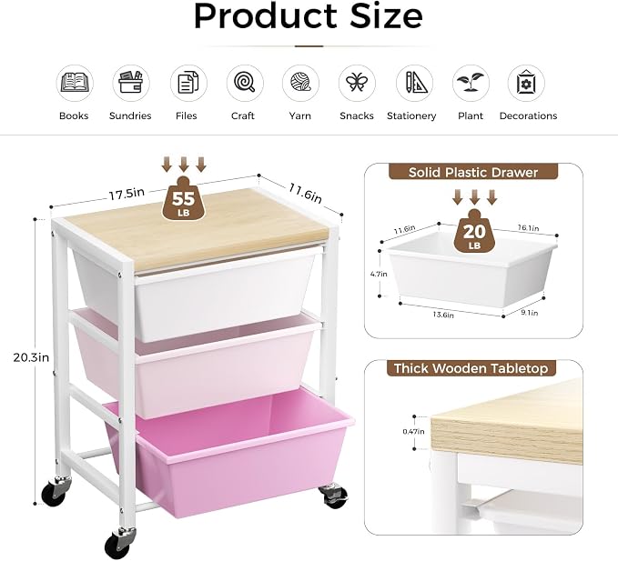 Rolling Cart with 3 Drawers, Plastic Drawer Storage Carts with Lockable Wheels & Wooden Tabletop, Metal Art Craft Utility Cart Organizer for Home Office Bedroom Dorm Bedside Classroom, Bright Pink