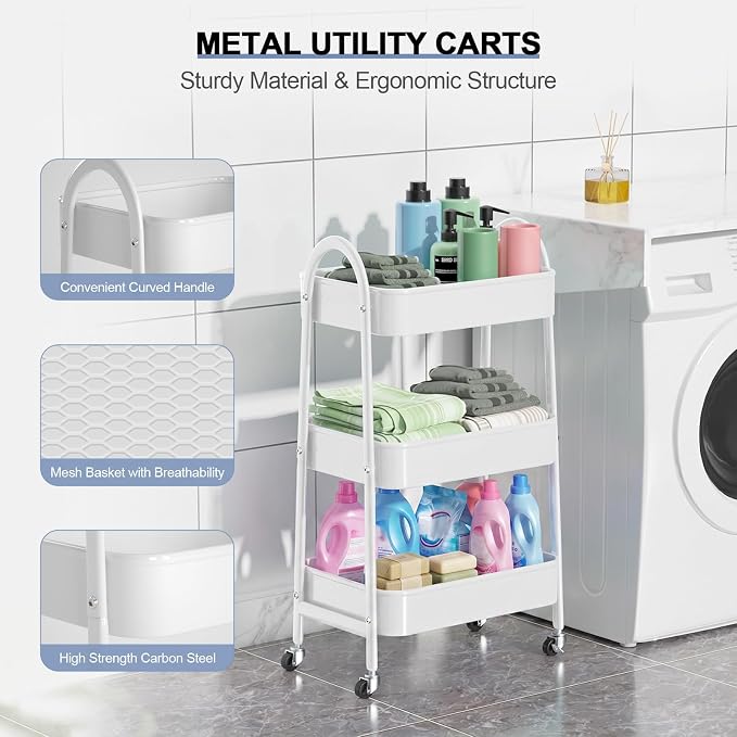 EAGMAK 3 Tier Utility Rolling Cart, Metal Storage Cart with Handle and Lockable Wheels, Multifunctional Storage Organizer Trolley with Mesh Baskets for Kitchen, Living Room, Office, Garage (White)
