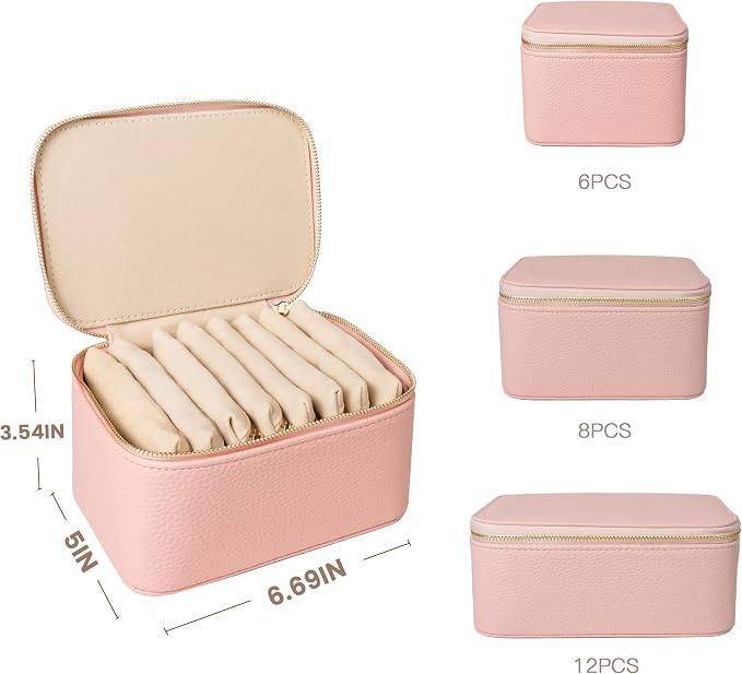 Travel Jewelry Case, Portable Jewelry Box with 6 Jewelry Bags,Travel Gift for Women Teen Girls (Pink 8 Pcs)
