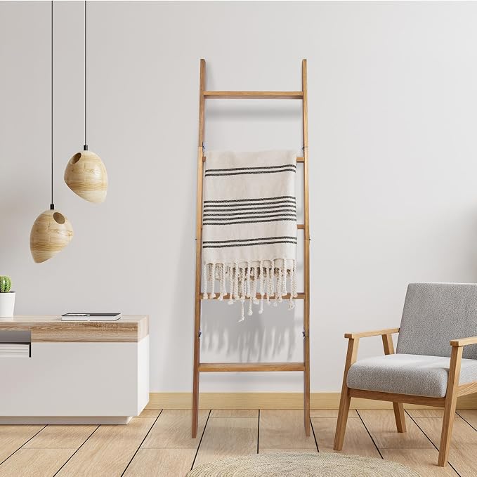 Blanket Ladder, 5-Tier Wooden Quilt Stand, Decorative Ladder Shelf, Leaning Shelf, Wall Leaning Blanket Ladder Towel Storage Rack for Living Room, Walnut