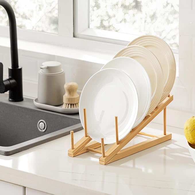 HBlife Bamboo Wooden Dish Drying Rack, 2 PCS Plate/Dish/Book/File/Bowl/Cup/Cutting Board/Pot Lid Organizer for Kitchen Counter, Office, Display Cabinet
