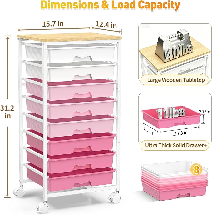 SUNALLY Rolling Storage Utility Cart With 8 Drawers, Storage Drawer Cart with Wooden Tabletop and 2 Lockable Wheels, 8 Tier Rolling Cart for Craft Art Supply Storage & Home Office Organization, Pink