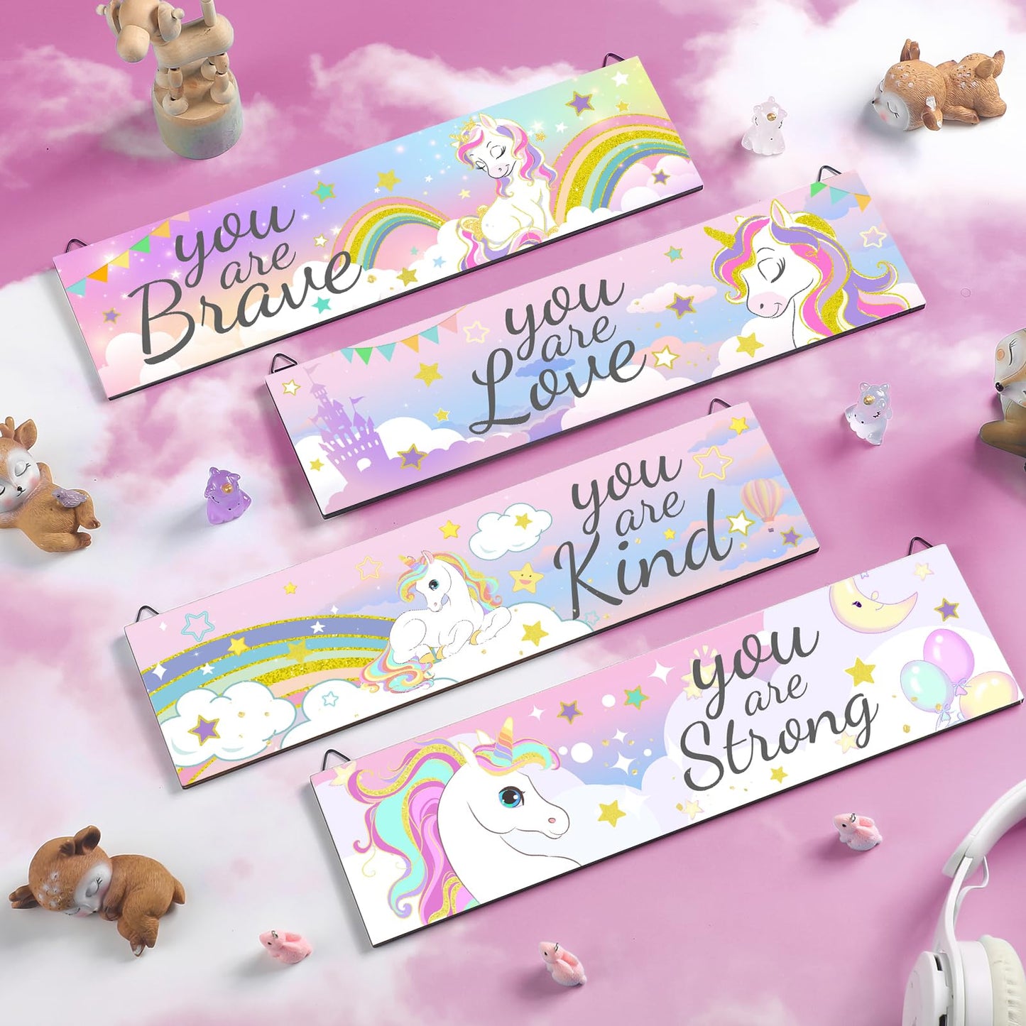 Geetery 4 Pcs Unicorn Rainbow Women Room Wall Decor Unicorn Bedroom Decor Rainbow Wooden Hanging Sign Inspirational Room Wall Art for Women Men Bedroom Nursery Decorations