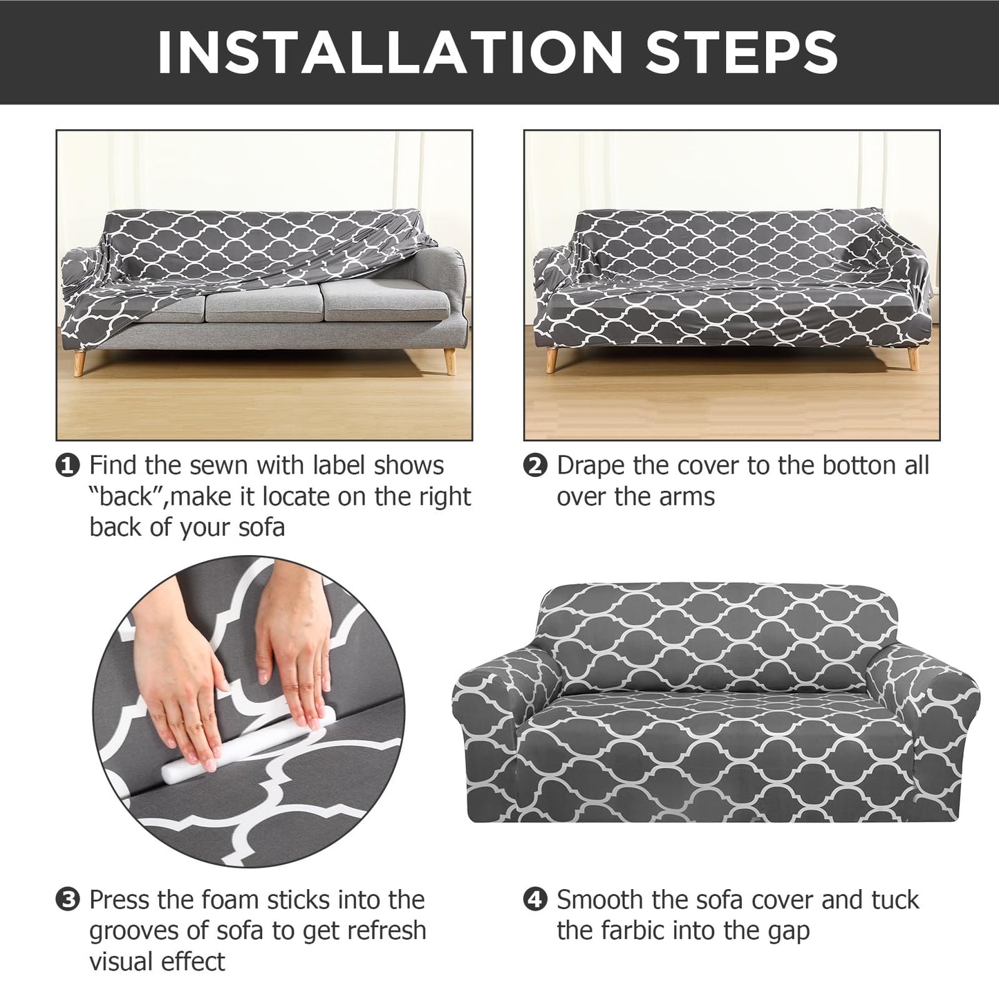 Peryiter 3 Pcs Couch Cover Set for Living Room Furniture Covers for Couch and Sofas Loveseat Arm Chair Slipcover, Furniture Protector, Stretch, Wrinkle Free (Dark Gray)