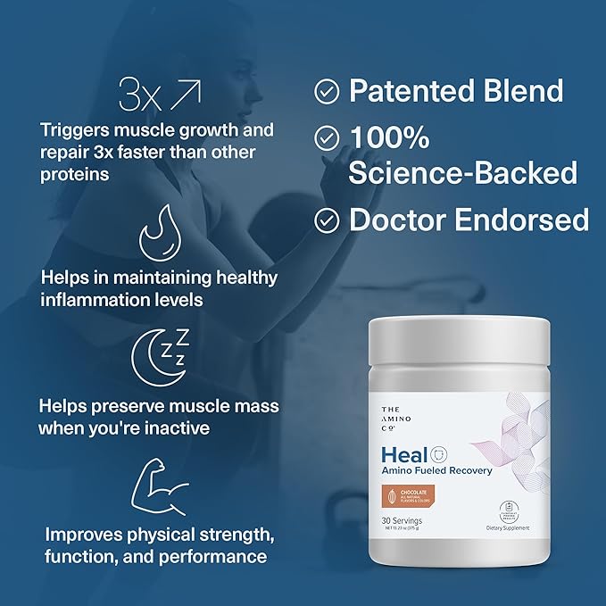 The Amino Co. - Heal - Post Workout Recovery Drink with Pure Eaa Amino Acid Formula - Creatine Monohydrate Powder for Efficient Muscle Repair, Vegan, and Keto-Friendly with Chocolate Flavor - 13.23oz.