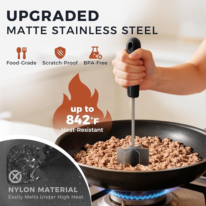 304 Stainless Steel Meat Chopper & Masher, Coinicxcel 10 Inch Heat Resistant Ground Beef Chopper Tool with 6 Curve Blades & Ergonomic Non-Slip Handle, Heavy-Duty Hamburger Smasher Tool Dishwasher Safe