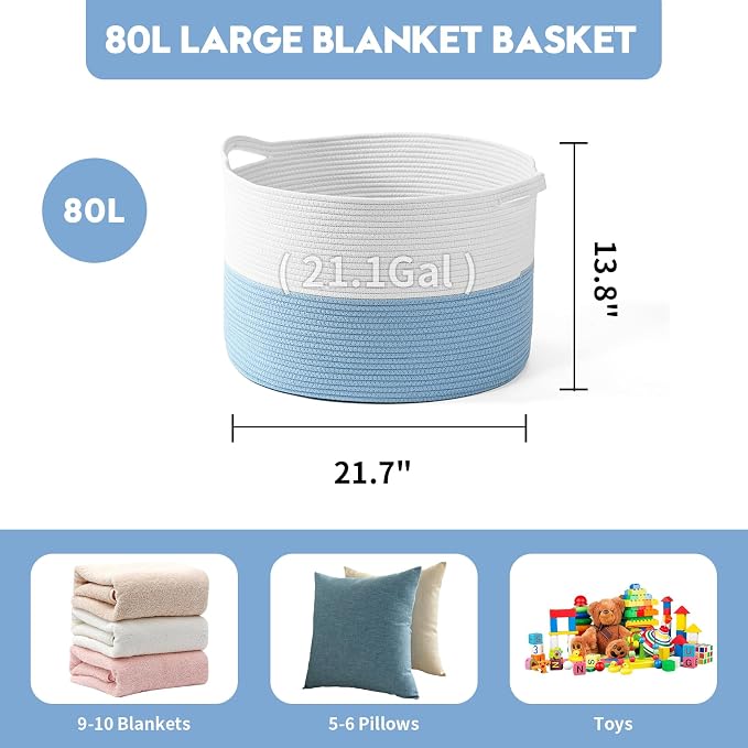 Foldable Laundry Hamper Basket with Collapsible Handle Cotton Rope Soft Woven Fabric Storage Organizer Clothes Toys Nursery Bedroom Dorm Space Saving Bin (White & Blue, 80L(21.7"D x 13.8"H))