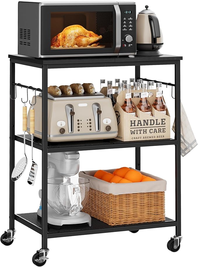 Homleke 3-Tier Rolling Kitchen Microwave Cart, Kitchen Utility Cart on Lockable Wheels, Coffee Bar Table Station with 6 S-Shaped Hooks, Small Appliance Storage Shelf, Black