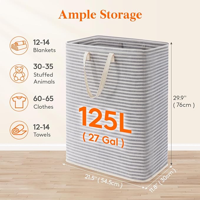 Lifewit 125L Large Collapsible Laundry Hamper, Tall Foldable Dirty Clothes Baskets Waterproof, Freestanding Design with Easy Carry Handles in Dorm Bedroom Bathroom College, Grey