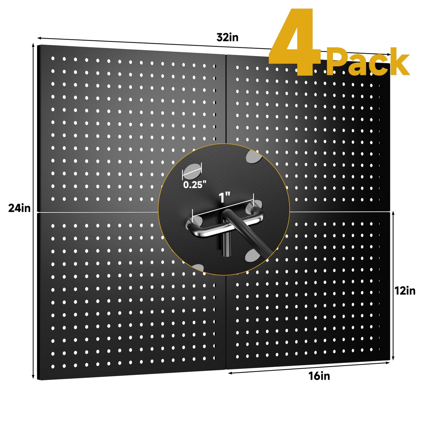 GEDELITE 74PCS Pegboard Wall Organizer, 4 Pack Metal Pegboard Panels with 70 Hooks, 32" x 24" or 64" x 12" Black Peg Board for Walls, Garage, Craft Room, Cold-Rolled Steel
