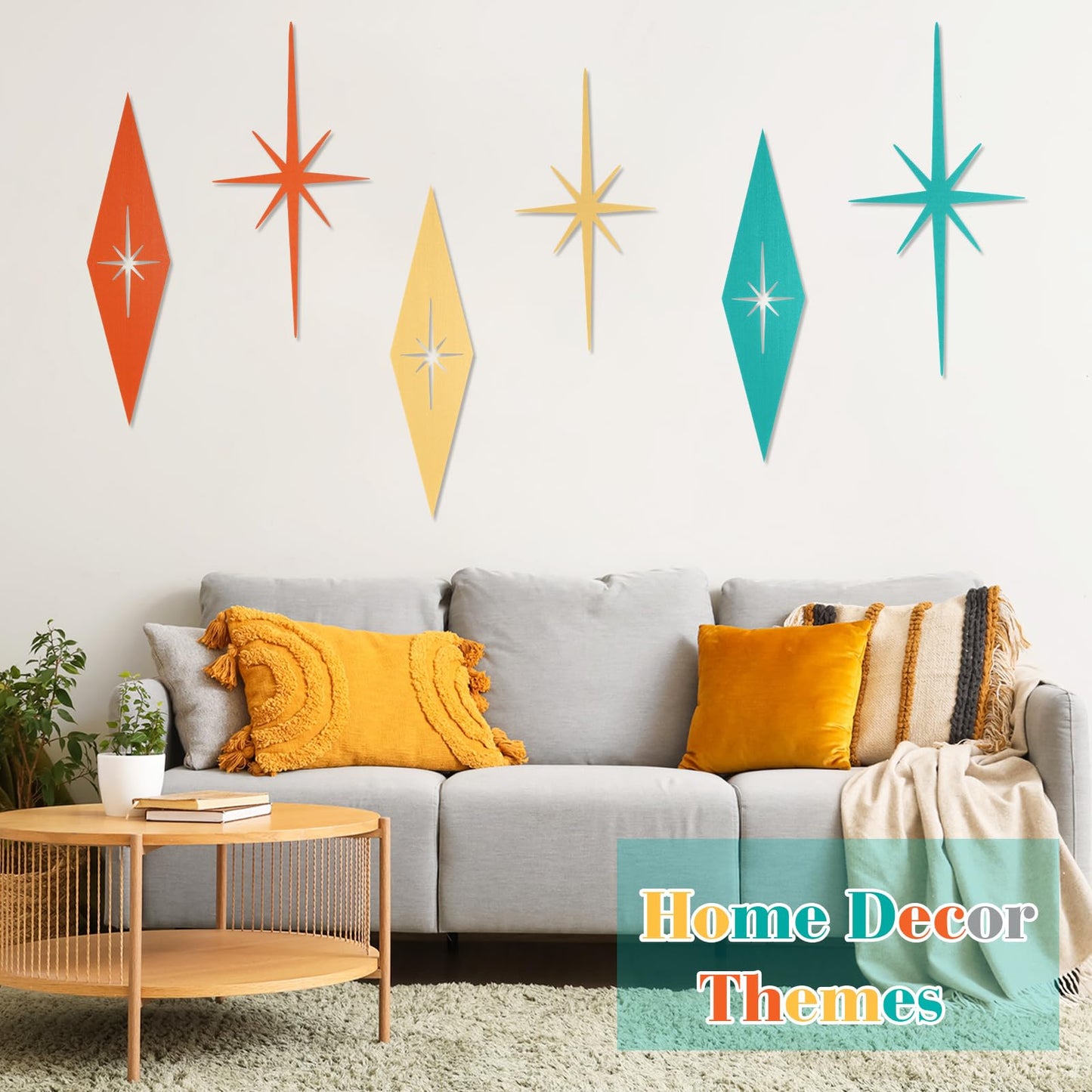 Otoolling 6 Pcs Starburst Modern Mid Century Wall Art Cast Iron Retro 3D 8 Pointed Atomic Star Retro Wall Metal Home Decor Elegance Accents Easy Install Finish Hangings for Office Room