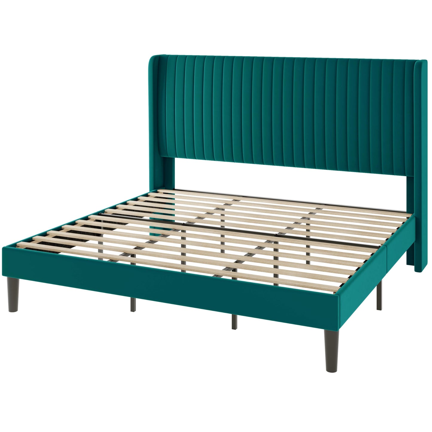 Allewie King Size Bed Frame/Velvet Upholstered Platform Bed/Vertical Channel Tufted Wingback Headboard/Strong Wooden Slats/No Box Spring Needed/Easy Assembly/Teal