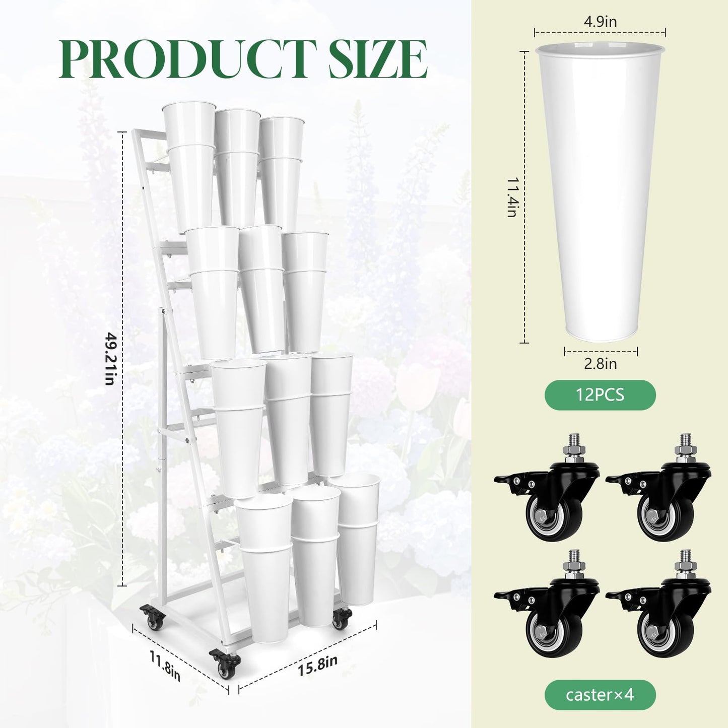 ZpigToor Flower Display Stand With 12 Buckets,4-Tier Flower Bar with Wheels,Flower Cart Display Stand for Florist Garden Wedding Home Decor (White)