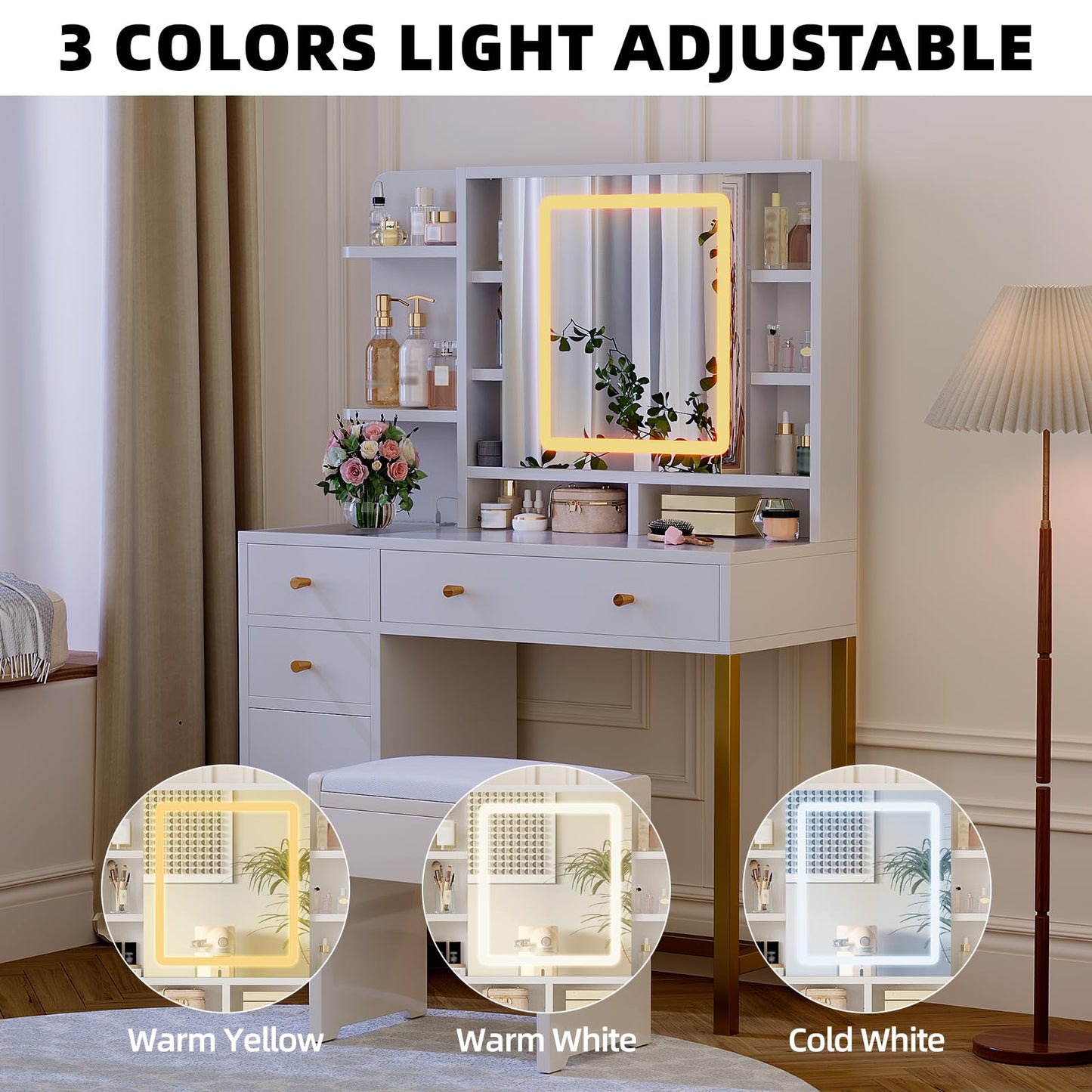 GAOMON 43.7'' White Vanity Desk Table with Lighted Mirror & Power Outlet, 3 Lighting Modes, Brightness Adjustable Vanity Table Makeup Vanity for Bedroom Dressing Room