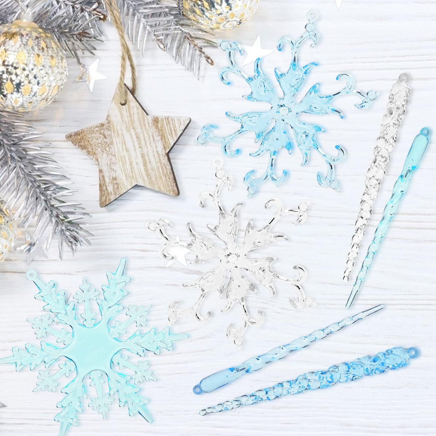 VGOODALL 36PCS Clear Snowflake & Icicle Ornaments, Acrylic Christmas Tree Decorations with Gold & Silver Strings Winter Wedding/Party/DIY Decor