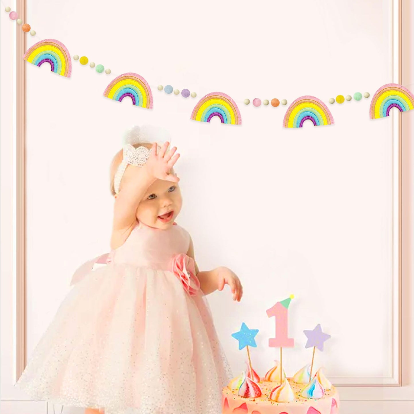 Pastel Pre-Strung Rainbow Banner Felt Wool Ball Wood Beads Garland Macaron Rainbow Garland for Women Kids Girls Unicorn Magic Birthday Party Decorations Sign Party Photo Prop Decor Supplies