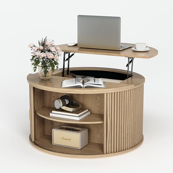 JOINICE 31.5" Round Lift Top Coffee Table,Natural Oak Modern Fluted Drum Center Table with Hidden Storage, Japandi Scandi Wood Circle Desk for Boho Living Room & Apartment