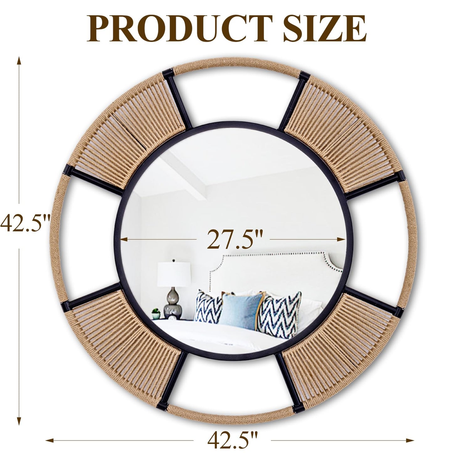 Autdot Large Boho Round Wall Mirror for Living Room, 42.5'' Coastal Circle Mirror with Detachable Rattan Frame, Rustic Circle Mirrors for Dining Room Bathroom Hallway Entrance