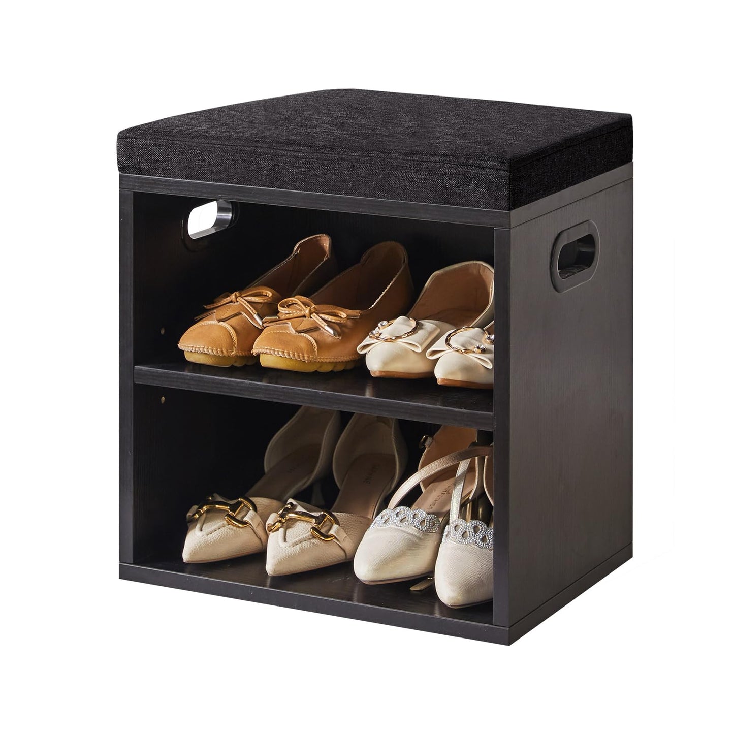 YMYNY Shoe Storage Bench with Cushion, 2 Tier Shoe Rack with Padded Seat, Adjustable Shoe Organizer Cabinet for Entryway, Living Room, Hallway, Closet, Bedroom, 15.4L*11W*16.54H, Black, UHBD028B