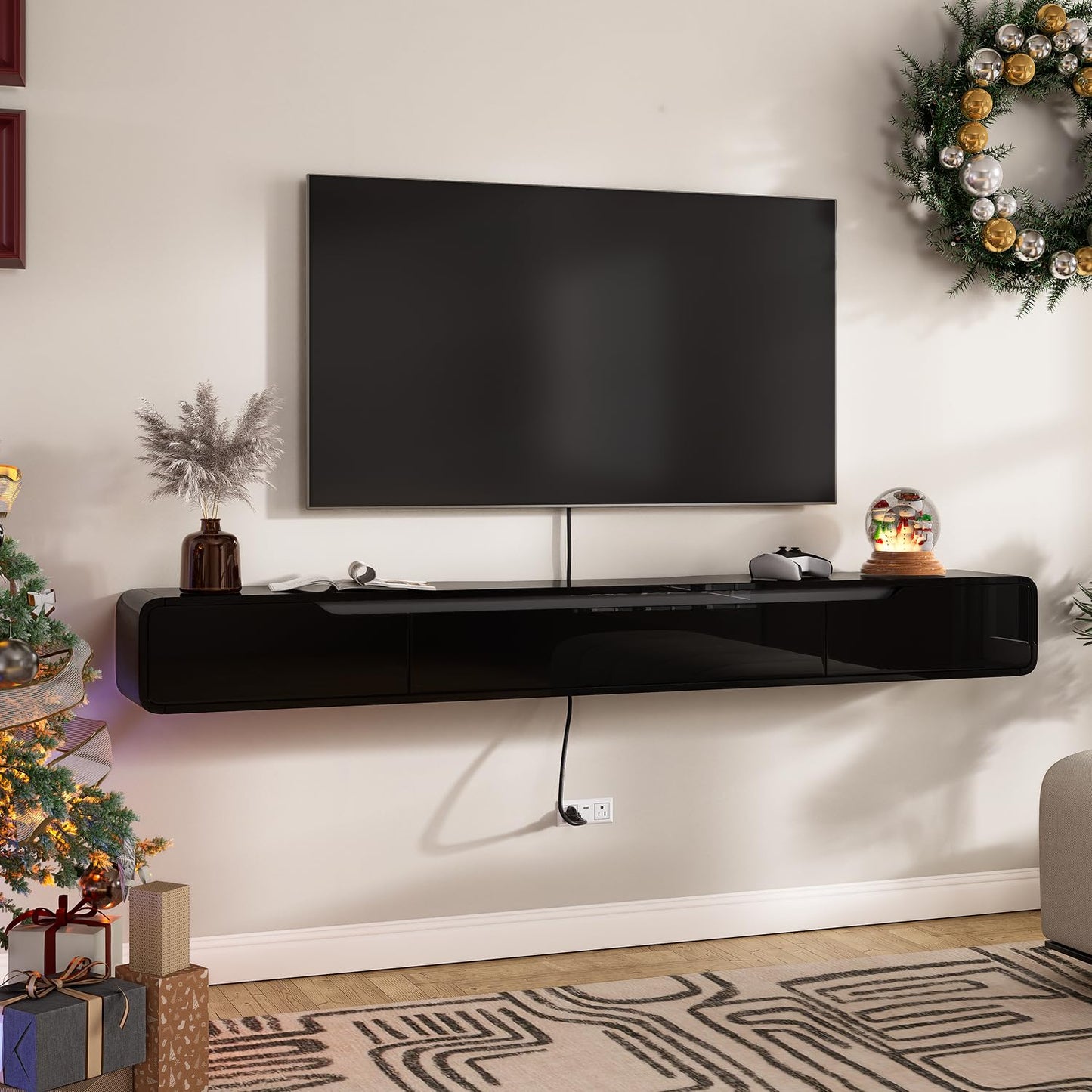 FurniNova 55'' Floating TV Stand with Drawers, Wall Mounted TV Console, High-Gloss Floating Entertainment Center Under TV Shelf for Living Room Bedroom,Fully Assembled,Black