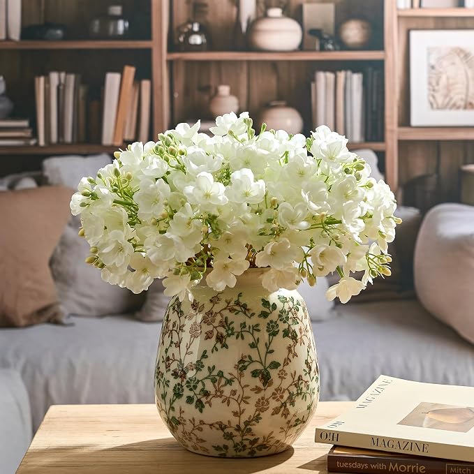 SIDUCAL Ceramic Vintage Pastoral Vase, 7.2 Inch Chinoiserie Floral Vase, Retro Ice Cracked Rustic Farmhouse Vases for Home Decor, Living Room, Bookshelf, Office, Tuscan Decor, Green and Beige