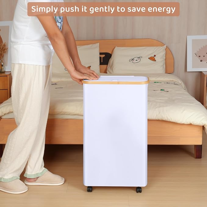 Slim Laundry Basket with Wheels,Narrow Hampers for Laundry(60L White) | Freestanding Laundry Hamper with Lid&Bamboo Handles,Collapsible & Waterproof Tall Cloth Hamper for Dorm Family