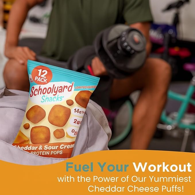Schoolyard Keto Snacks - Cheddar Cheese & Sour Cream - Protein Puffs - Low Carb, Low Sugar, 14g-Protein, Gluten Free, Healthy & Diabetic Friendly, High Protein, Low Calorie snacks for Kids & Adults, USA Made, 12 Pack