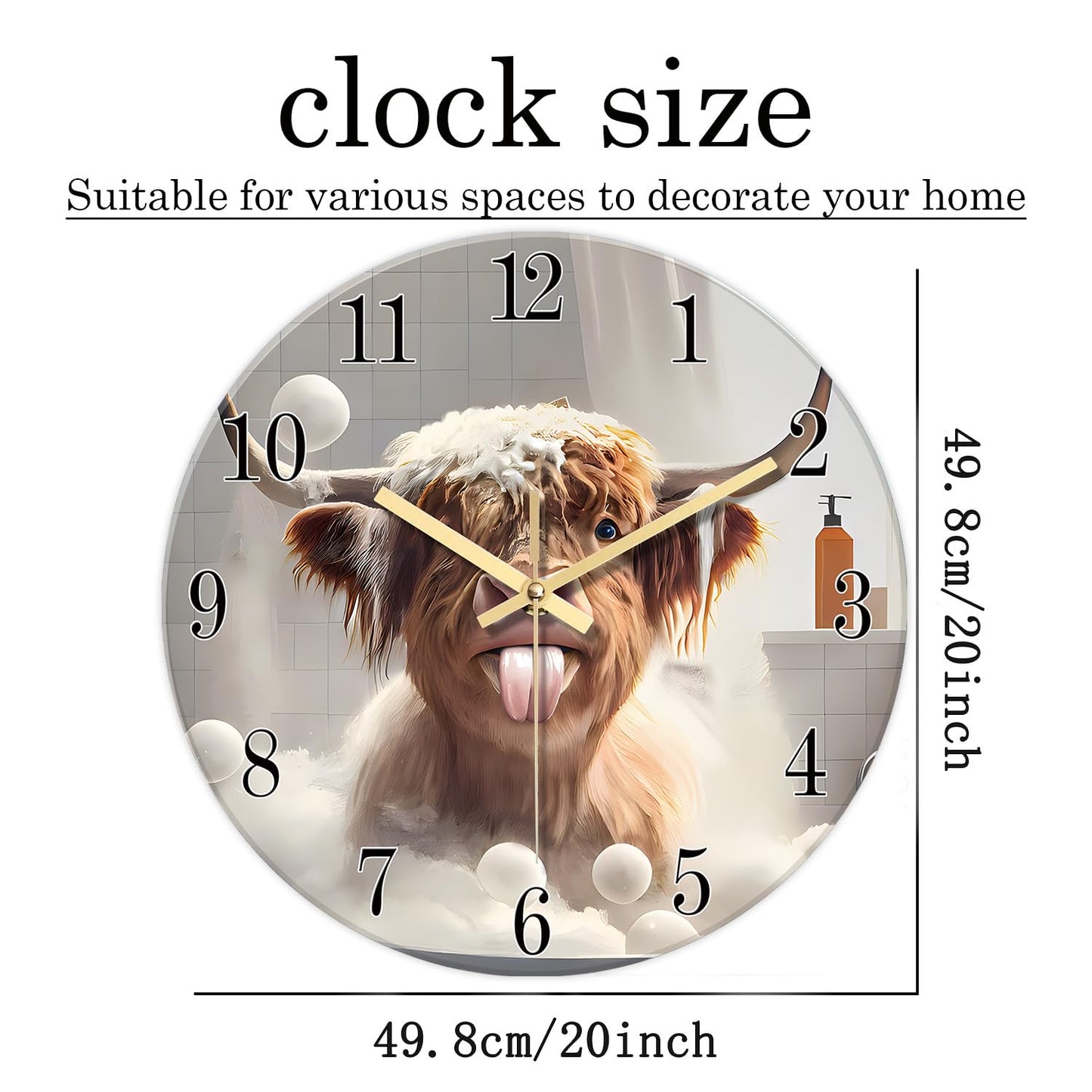 XNM 20 Inch Brown Large Wall Clocks for Living Room Decor Round Battery Clock Modern Farmhouse Highland Cow Wall Clock Silent