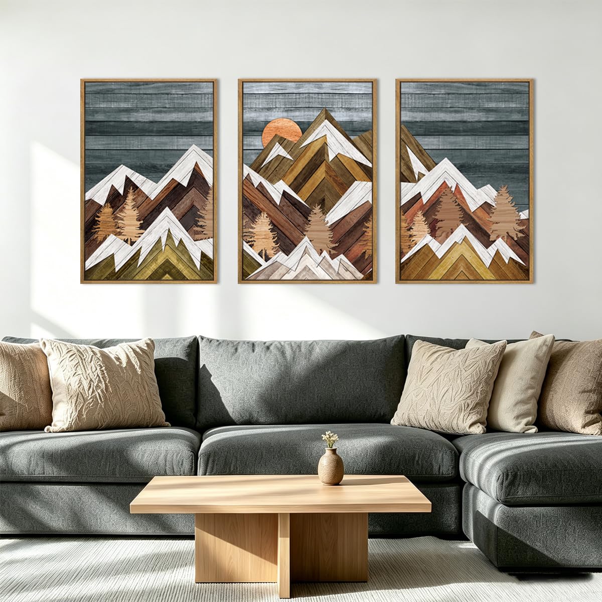 BINCUE Extra Large Mountain Wall Art Farmhouse Mountain Wall Decor Large Landscape Artwork 24x36 Inches Set of 3 Framed Rustic Painting Boho Mountains Artwork for Living Room Bedroom Office