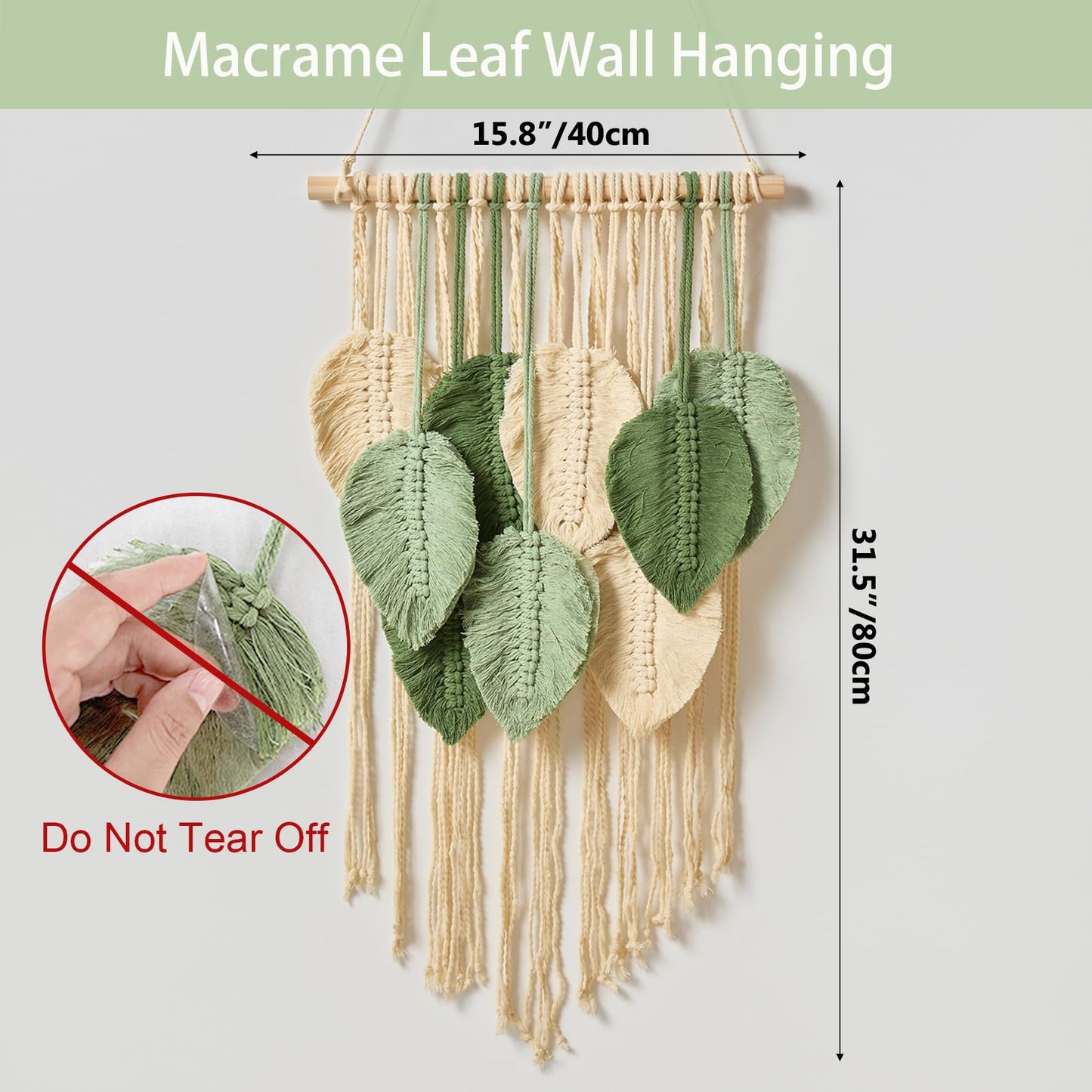 Macrame Wall Hanging Boho Wall Tapestry Handmade Woven Leaf Wall Decor Crochet Wall Art for Home Office Apartment (Green, 15.8" W X 31.5" L)