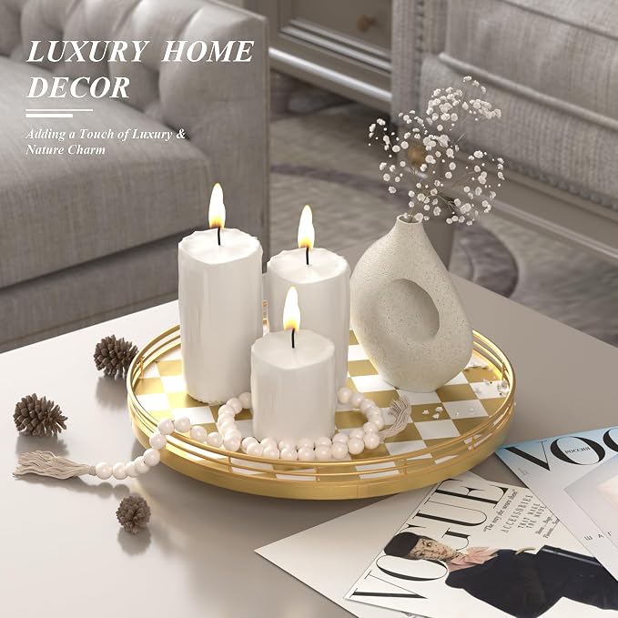 Gold Decorative Lazy Susan Tray, 12 Inch Round Rotating Tray with Metal Rail, Checkerboard Wood Turntable for Coffee Table, Dining Table Centerpiece, Living Room Decor, Candle and Vase Display