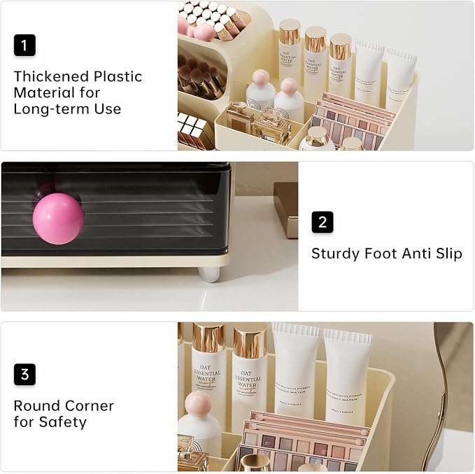 UFORU Makeup Organizer for Vanity with Brush Holder, Large Capacity Bathroom Countertop Skincare Organizer with 2 Drawers, Cosmetic Display Case for Perfumes, Eyeshadow Palettes, Nail Polishes