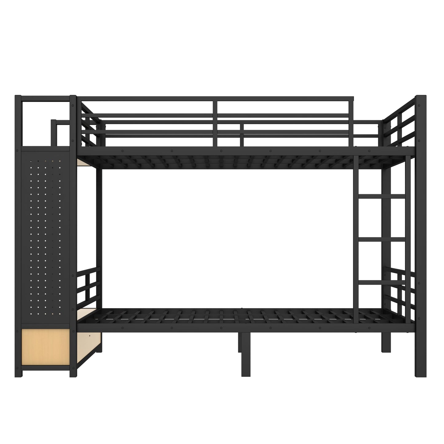 Bellemave Bunk Bed Queen Over Queen,Metal Bunk Bed with Shelf and Guardrails,Queen Bunk beds with Storage Drawers and Clothes Hooks for Kids, Teens & Adults（Black）